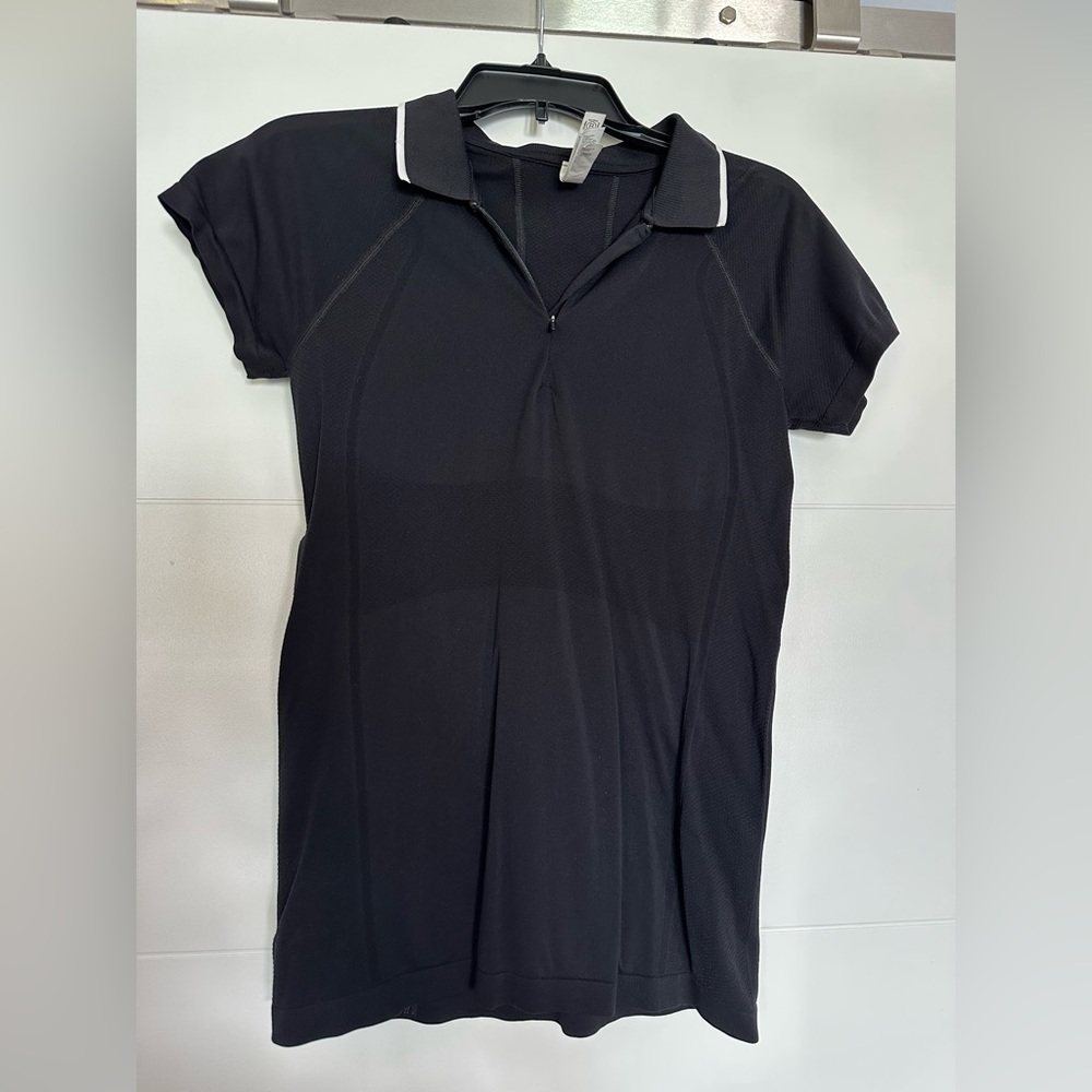 Athleta Momentum Polo Tee Black Seamless Top M Golf Tennis Shirt
